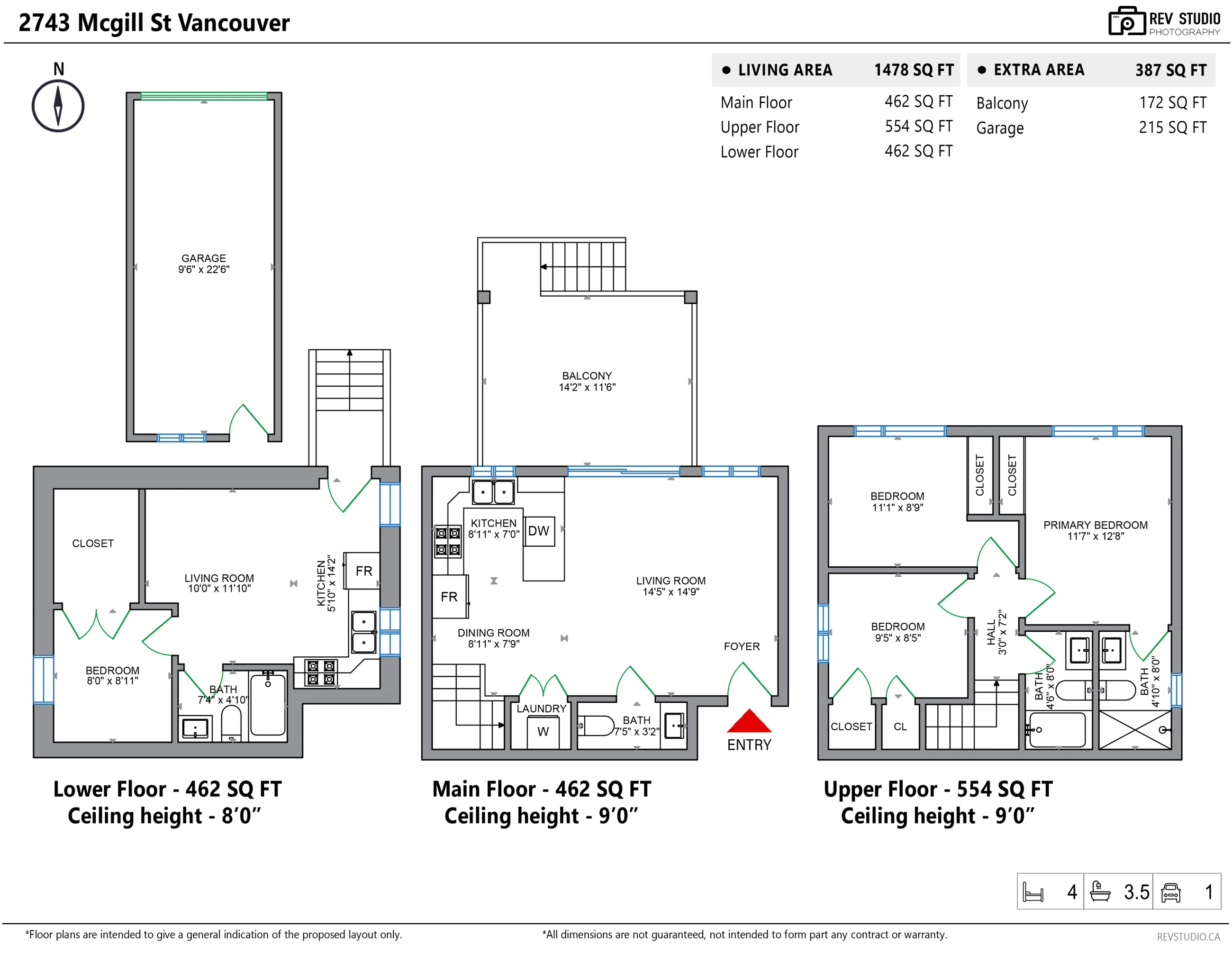 Floor plan of 2743 McGill Street over three floors and the garage: lower floor with a living room, kitchen, bedroom and bathroom; main floor with living room, dining room, kitchen, half bathroom, laundry and the covered balcony; upper floor with three bedrooms and two bathrooms